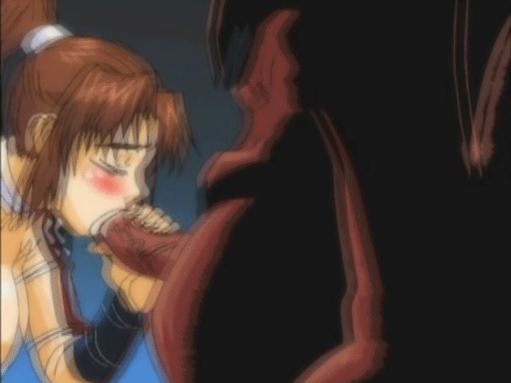 1girl 2boys angel_blade animated animated_gif blush bouncing_breasts breasts brown_hair choker earrings eyes_closed fellatio fudo_ayame gangbang group_sex handjob hanging_breasts high_ponytail jewelry large_breasts long_hair monster multiple_boys nipples nude oral penis ponytail precum solo_focus uncensored vambraces