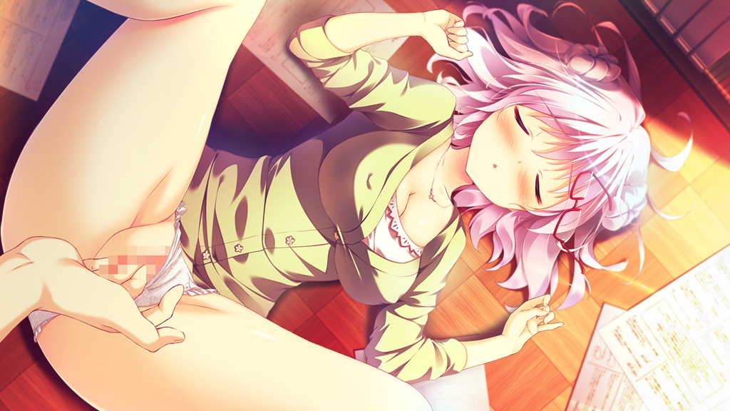 1girl blush censored character_request eyes_closed fingering game_cg glasses kanojo_ga_ore_ni_kureta_mono._ore_ga_kanojo_ni_ageru_mono. mecha_con! mosaic_censoring onomatope open_mouth panties purple_hair pussy shiratama short_hair underwear