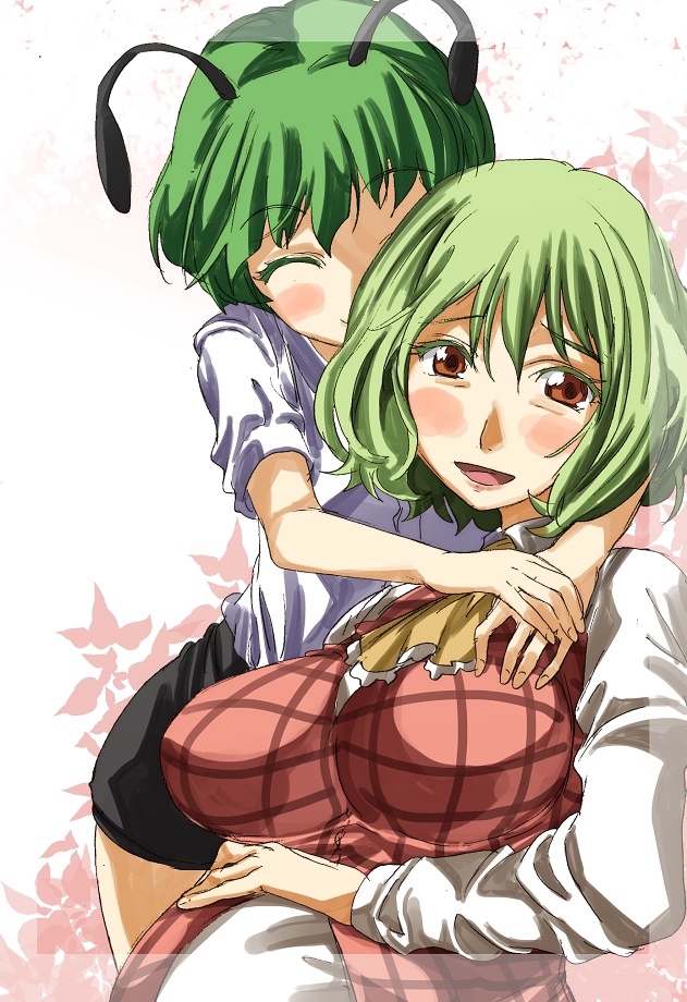 ^_^ antennae ascot blush breasts closed_eyes commentary_request couple dress_shirt green_hair hug if_they_mated ips_cells kazami_yuuka large_breasts multiple_girls open_mouth partial_commentary pregnant red_eyes shirt short_hair smile touhou wriggle_nightbug yohane yuri
