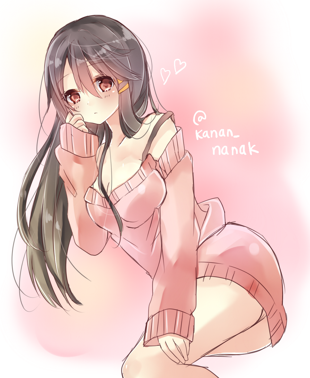bad_id bad_twitter_id black_hair blush breasts cleavage collarbone expressionless hair_ornament hairclip haruna_(kantai_collection) heart highres kantai_collection long_hair looking_at_viewer medium_breasts no_pants off-shoulder_sweater pink_background red_eyes sleeves_past_wrists solo souhi sweater thighs twitter_username