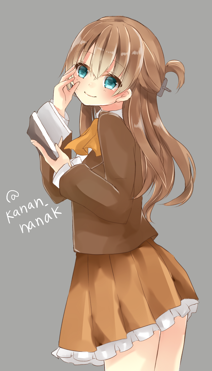 adjusting_eyewear alternate_hairstyle bad_id bad_twitter_id blue_eyes book brown_hair commentary glasses half_updo highres kantai_collection kumano_(kantai_collection) long_hair school_uniform skirt solo souhi twitter_username