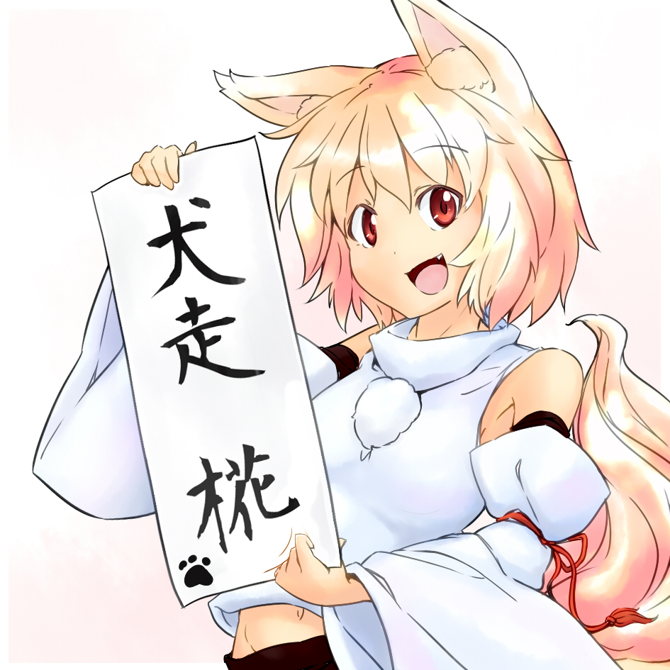 animal_ears bare_shoulders character_name detached_sleeves fang inubashiri_momiji kokutei_n looking_at_viewer midriff navel no_hat no_headwear open_mouth pink_background pom_pom_(clothes) red_eyes short_hair silver_hair simple_background tail touhou wolf_ears wolf_tail