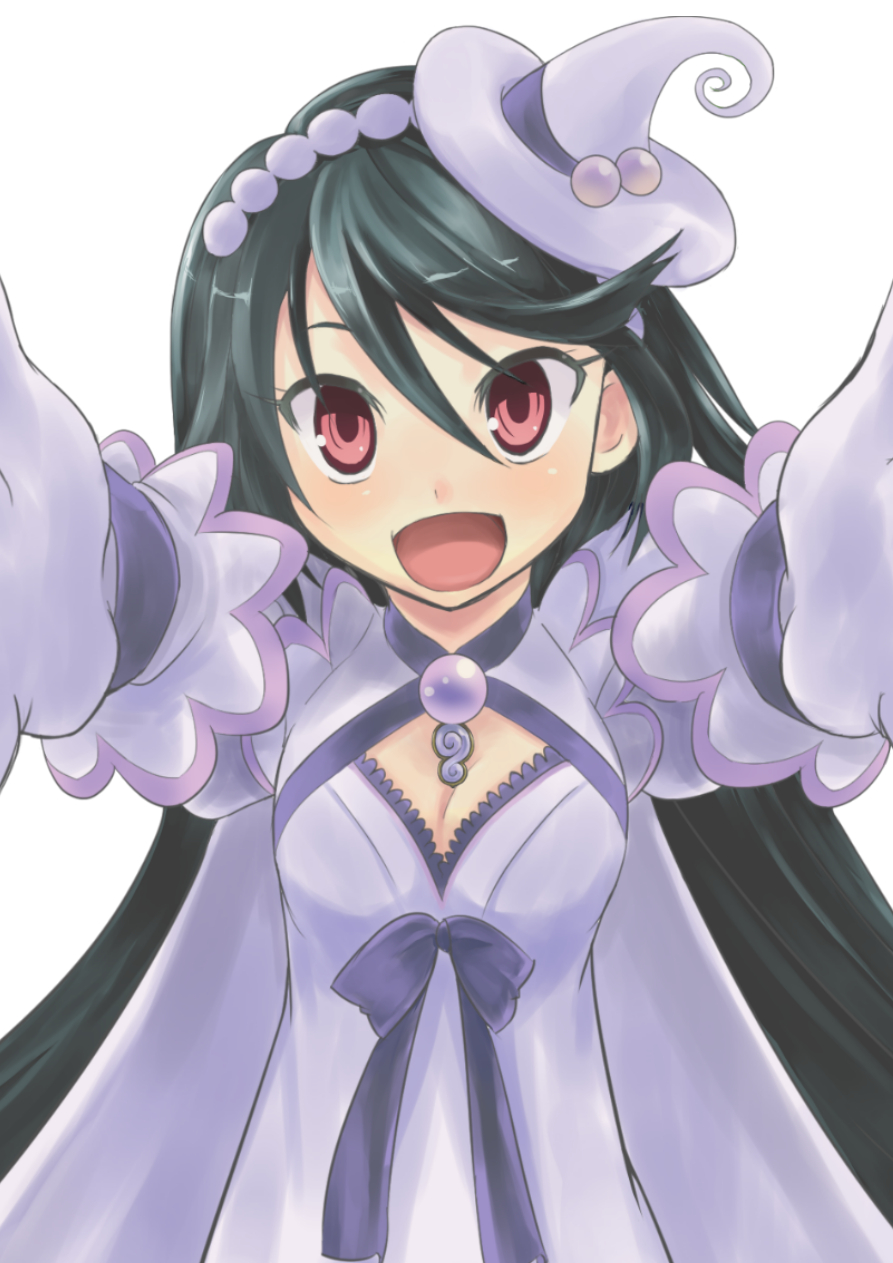 bow cape dress gloves hat highres kazumi_(kazumi_magica) long_hair looking_at_viewer magical_girl mahou_shoujo_kazumi_magica mahou_shoujo_madoka_magica open_mouth outstretched_arms red_eyes smile solo spoilers very_long_hair white_background witch_hat yukimura_kaname