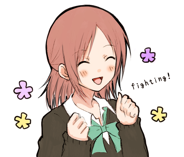 :d ^_^ bad_id bad_pixiv_id blush bow bowtie brown_hair clenched_hands closed_eyes english fujimiya_kaori half_updo isshuukan_friends neck_ribbon open_mouth ribbon school_uniform shiu_(puregirl4122) sleeves_past_wrists smile solo tied_hair upper_body white_background