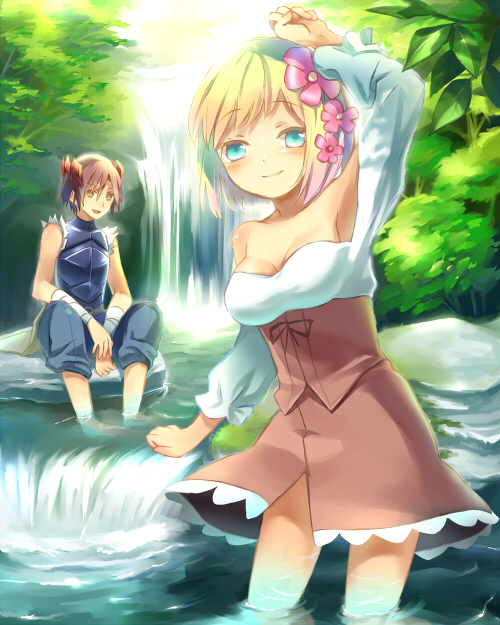 1girl armpits bad_id bad_pixiv_id bare_shoulders blonde_hair blush breasts brown_hair cleavage contrapposto flower forest hair_flower hair_ornament hamamo long_hair long_sleeves medium_breasts nature original overalls plant river short_hair spread_legs standing tree wading water waterfall