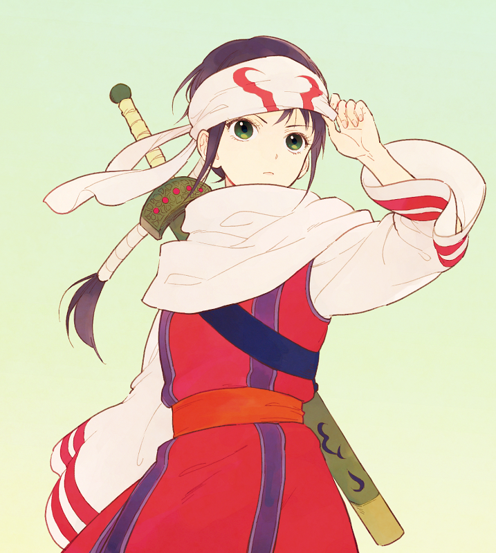 adjusting_headwear arm_at_side bangs black_hair closed_mouth cowboy_shot eyelashes fingerless_gloves flat_chest frown gloves gradient gradient_background green_background green_eyes hand_up headband kingdom kyoukai_(kingdom) long_hair long_sleeves looking_away low_ponytail mabui_(poloon) palms ponytail sash scarf sheath sheathed solo sword sword_behind_back weapon wide_sleeves