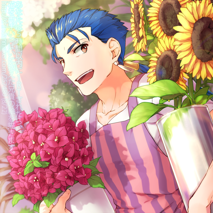 apron blue_hair bouquet fate/hollow_ataraxia fate_(series) flower lancer long_hair male_focus misoiri_(gokutsubushi) ponytail red_eyes solo sunflower