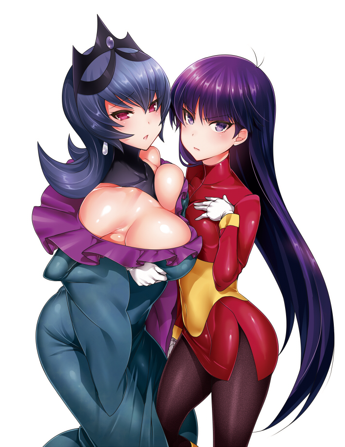 asymmetrical_docking bare_shoulders black_legwear breast_press breasts cleavage covered_navel detached_collar dress dual_persona earrings gloves hizuki_akira jewelry large_breasts long_hair long_sleeves looking_at_viewer multiple_girls natsume_(pokemon) pantyhose pokemon pokemon_(game) pokemon_bw2 pokemon_rgby pokewood purple_eyes purple_hair red_eyes shiny shiny_skin simple_background small_breasts tiara white_background white_gloves