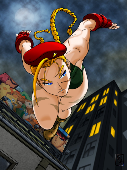 ahoge antenna_hair beret blonde_hair blue_eyes bodypaint boots braid cameo cammy_white camouflage combat_boots fingerless_gloves from_below gloves hat huge_ahoge jumping leotard long_hair poster_(object) ryuu_(street_fighter) samuel_perez_salinas scar solo street_fighter toned twin_braids