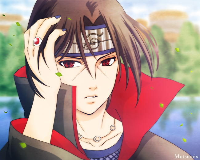 1boy blue_sky cloud forest leaf male male_focus mutsumix naruto nature outdoors portrait sky solo uchiha_itachi water