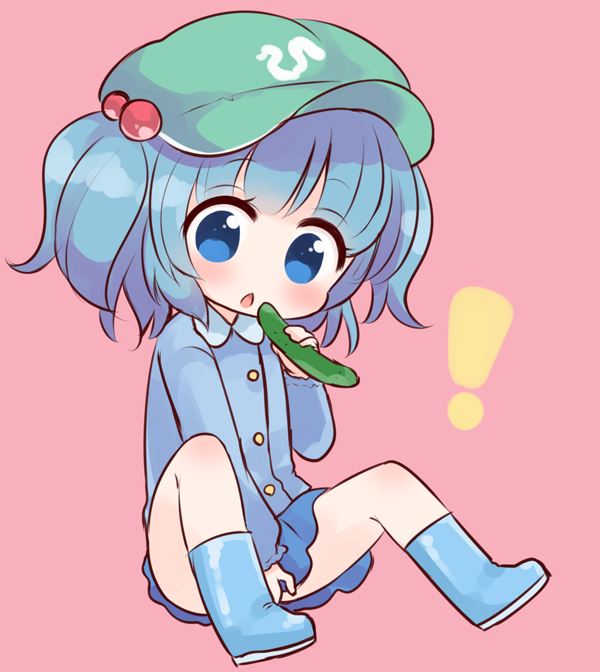 blue_eyes blue_hair cucumber hair_bobbles hair_ornament hat holding holding_vegetable kawashiro_nitori looking_at_viewer marshmallow_mille open_mouth short_hair sitting solo touhou two_side_up