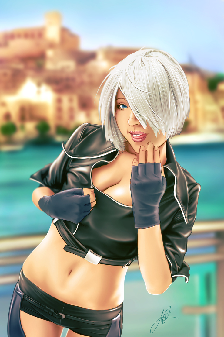 aaron_page angel_(kof) blue_eyes breasts chaps cleavage eyelashes fingerless_gloves gloves hair_over_one_eye large_breasts licking_lips lipstick looking_at_viewer makeup midriff navel nose realistic short_hair short_shorts shorts silver_hair soft_focus solo the_king_of_fighters tongue tongue_out zipper