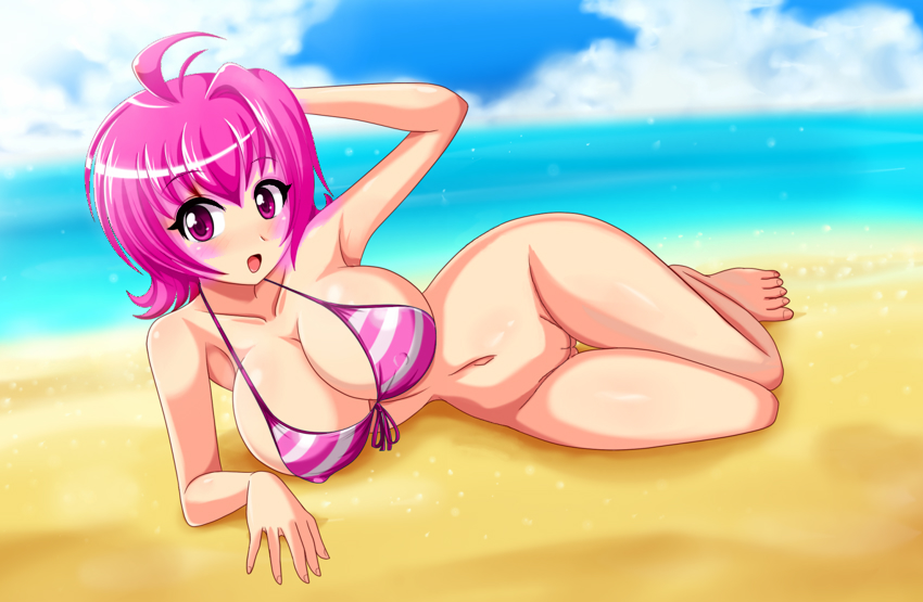 beach bottomless breasts curvy edit erect_nipples exhibitionism huge_breasts large_breasts nice_body no_panties ocean open_mouth original original_charater photoshop pink_eyes pink_hair pussy sand sea sigurdhosenfeld smile tagme uncensored water wide_hips