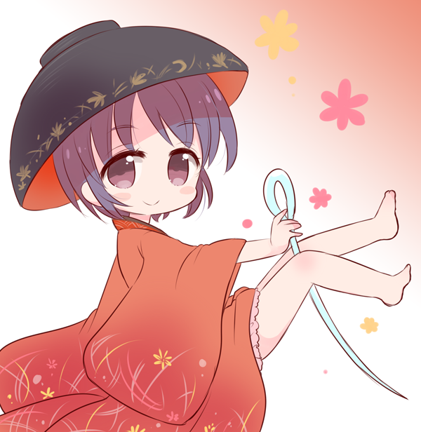 blush_stickers bowl bowl_hat gradient gradient_background hat holding holding_needle japanese_clothes kimono looking_at_viewer marshmallow_mille needle purple_eyes purple_hair short_hair simple_background smile solo sukuna_shinmyoumaru touhou