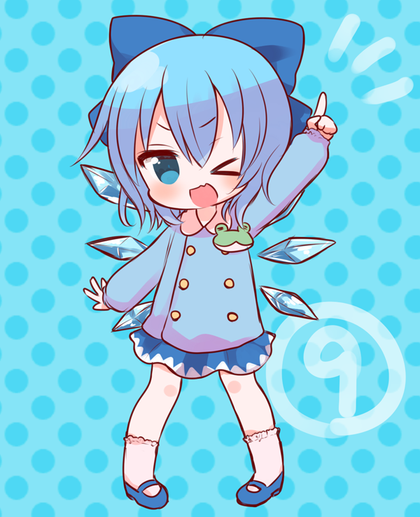 &gt;_o ;d blue_eyes blue_hair bow cirno frog_button hair_bow hair_ribbon ice ice_wings kindergarten_uniform looking_at_viewer marshmallow_mille mary_janes one_eye_closed open_mouth pigeon-toed ribbon shoes short_hair smile solo touhou wings