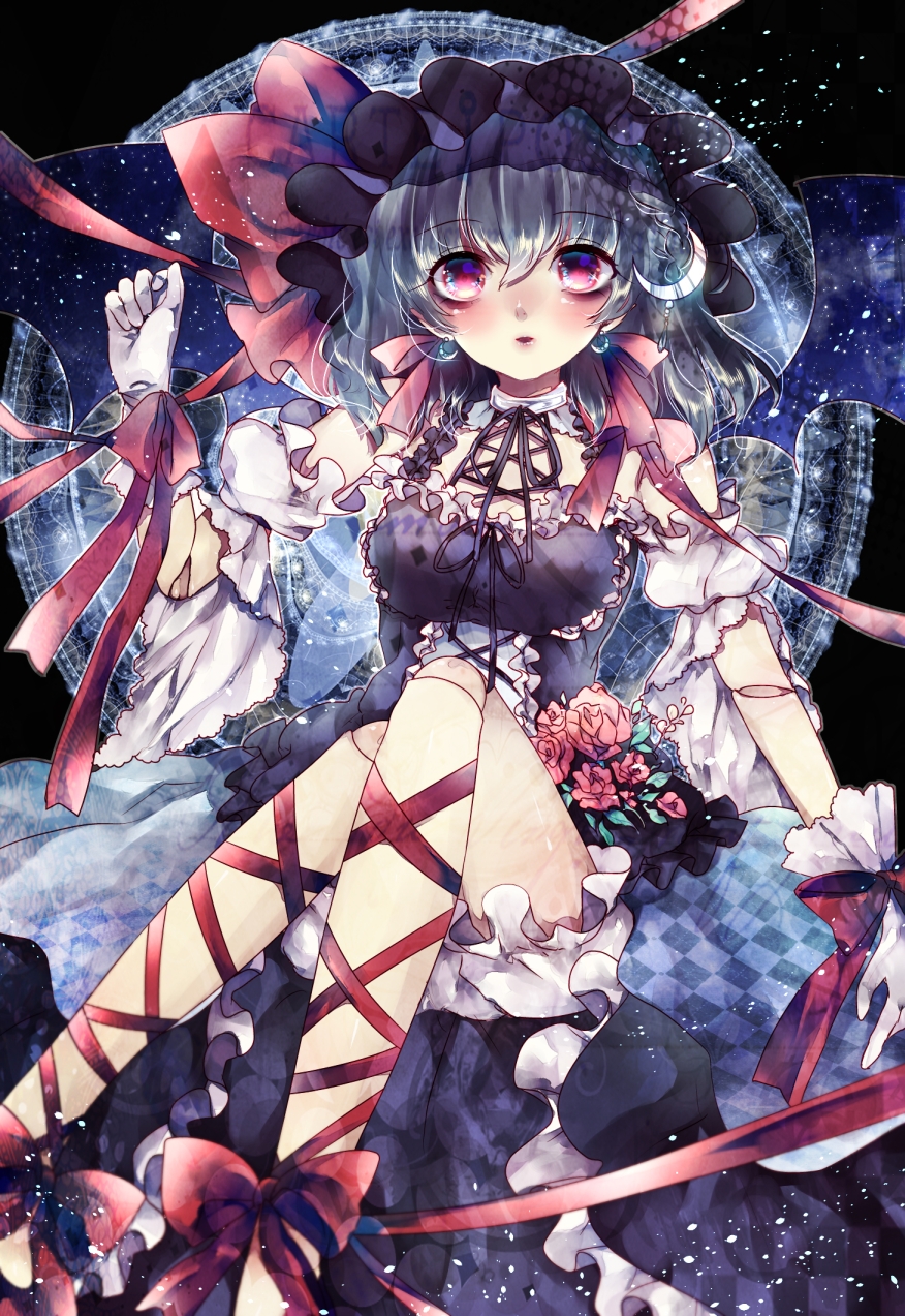 alternate_costume bad_id bad_pixiv_id bat_wings bow detached_sleeves doll_joints frills ginzuki_ringo gloves gothic_lolita gradient_eyes hairband highres lolita_fashion lolita_hairband looking_at_viewer multicolored multicolored_eyes purple_eyes remilia_scarlet ribbon short_hair silver_hair sitting solo touhou white_gloves wings