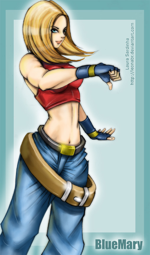 alternate_hair_length alternate_hairstyle bare_shoulders belt blonde_hair blue_eyes blue_mary bracelet breasts character_name crop_top fatal_fury fingerless_gloves gloves jewelry laura_sardinha long_hair medium_breasts midriff multiple_belts sleeveless solo the_king_of_fighters thumbs_down watermark web_address