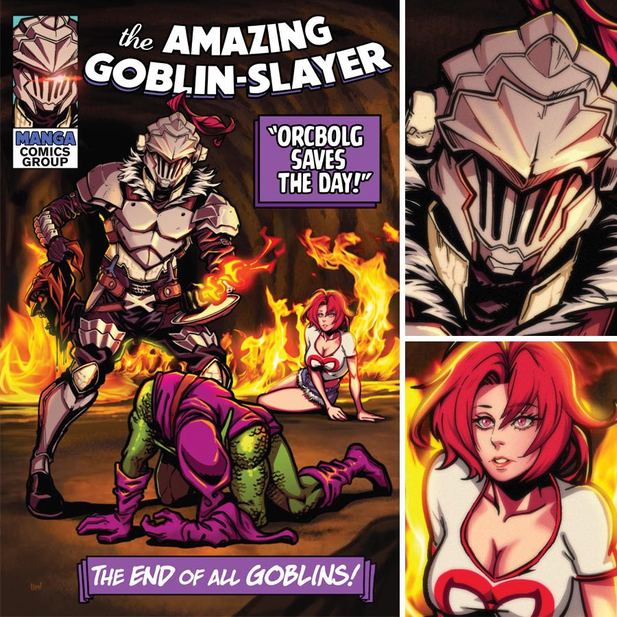 1girl 2boys breasts cave cleavage cow_girl_(goblin_slayer!) crossover denim denim_shorts english fire goblin_slayer goblin_slayer! green_goblin hobgoblin marvel mask mask_removed multiple_boys parody red_eyes red_hair shorts spider-man_(series) the_phantom_lim