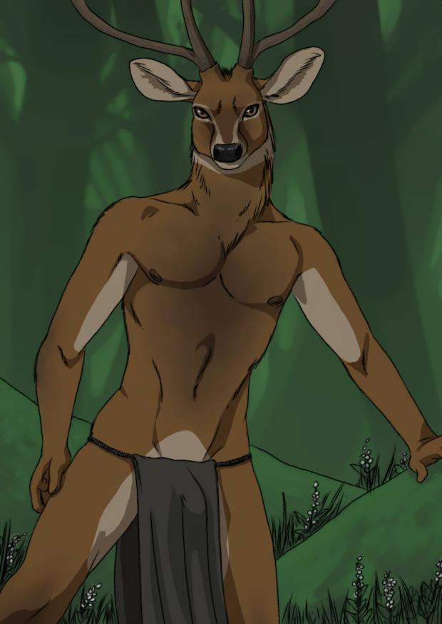 2012 anthro antlers arm_support athletic biped black_nose brown_eyes brown_fur brown_horn brown_nipples bulge cervine clothed clothing countershade_arms countershade_legs countershading digital_drawing_(artwork) digital_media_(artwork) eld's_deer flower forest front_view frown fur grass half-length_portrait horn humanoid_hands inner_ear_fluff leaning lighting loincloth looking_at_viewer male mammal multicolored_fur muscular muscular_male nature navel nipples noet outside pecs plant portrait shadow snout solo standing tan_countershading tan_fur topless tree two_tone_fur