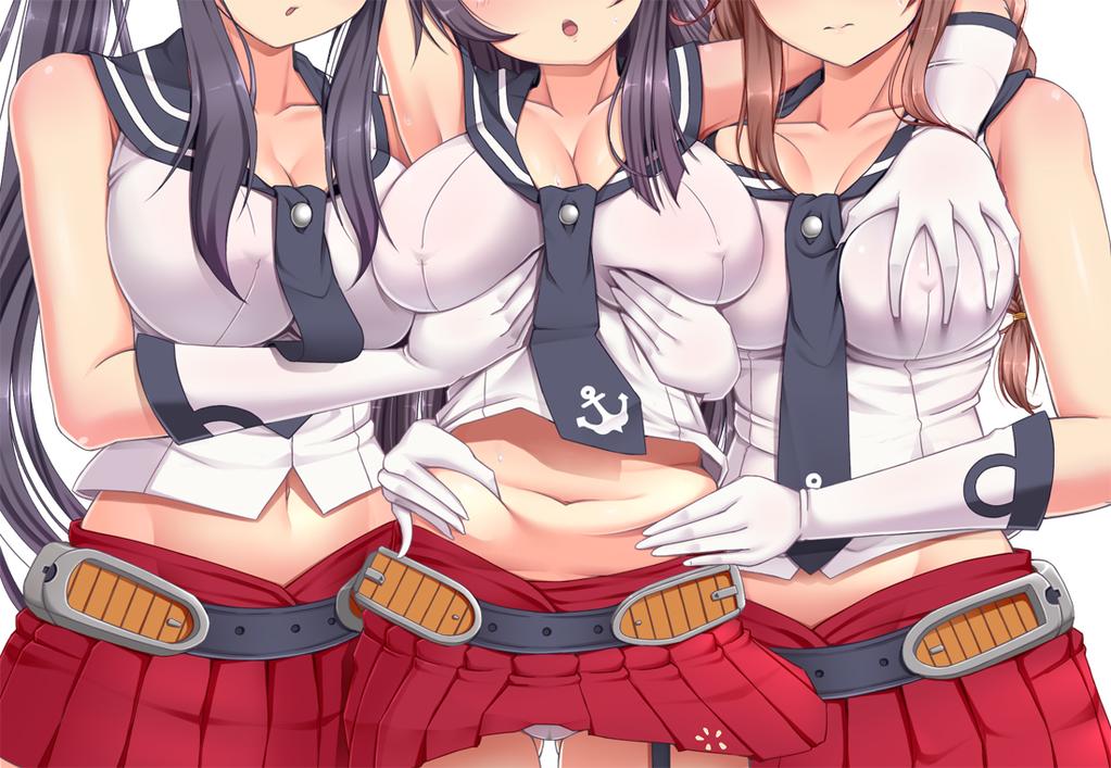 agano_(kantai_collection) anchor_symbol armpits bare_shoulders belly_grab belt black_hair braid breast_grab breasts brown_hair cameltoe cleavage collarbone covered_nipples downscaled gloves grabbing hand_on_another's_chest hand_on_another's_shoulder hand_on_another's_stomach head_out_of_frame kantai_collection large_breasts long_hair md5_mismatch meropan midriff miniskirt multiple_girls navel noshiro_(kantai_collection) open_mouth panties pantyshot pantyshot_(standing) pleated_skirt plump ponytail resized sailor_collar school_uniform serafuku skirt sleeveless smile standing stomach thigh_gap twin_braids underwear very_long_hair white_gloves white_panties yahagi_(kantai_collection)