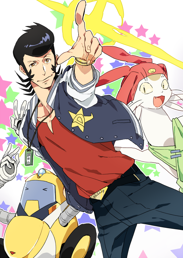 &gt;_&lt; alien closed_eyes dandy_(space_dandy) jacket letterman_jacket male_focus meow_(space_dandy) mosuko pointing pompadour qt_(space_dandy) robot smile space_dandy