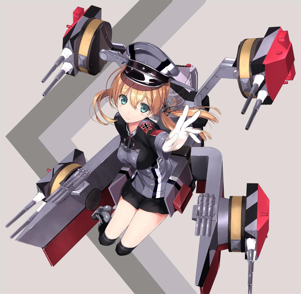 black_legwear black_skirt blonde_hair blue_eyes blush downscaled gloves hat iron_cross kantai_collection kneehighs long_hair long_sleeves machinery md5_mismatch military military_uniform naruse_hirofumi outstretched_arm peaked_cap prinz_eugen_(kantai_collection) resized skirt smile solo turret twintails uniform white_gloves