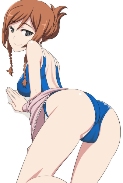 alternate_hairstyle ass back braid brown_hair cameltoe caryo from_behind green_eyes gundam gundam_build_fighters gundam_build_fighters_try hair_up jacket kamiki_mirai long_hair looking_at_viewer looking_back nanashino shadow simple_background smile solo swimsuit twin_braids white_background
