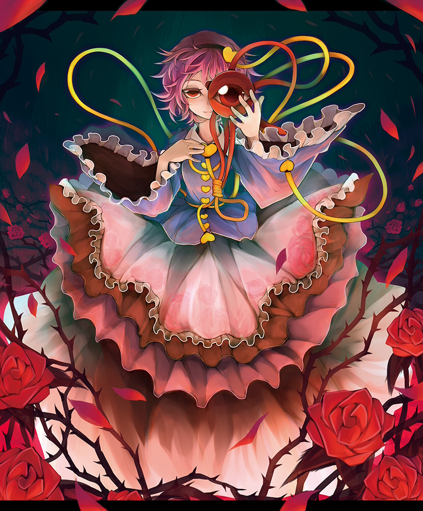 dress eyeball flower hairband heart komeiji_satori looking_at_viewer pink_hair rose solo teko third_eye thorns touhou