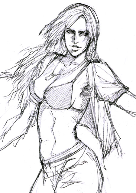 artist_request bikini_top breasts dog_tags jacket large_breasts long_hair midriff navel open_clothes open_jacket sideboob sketch solo upper_body vanessa_lewis virtua_fighter