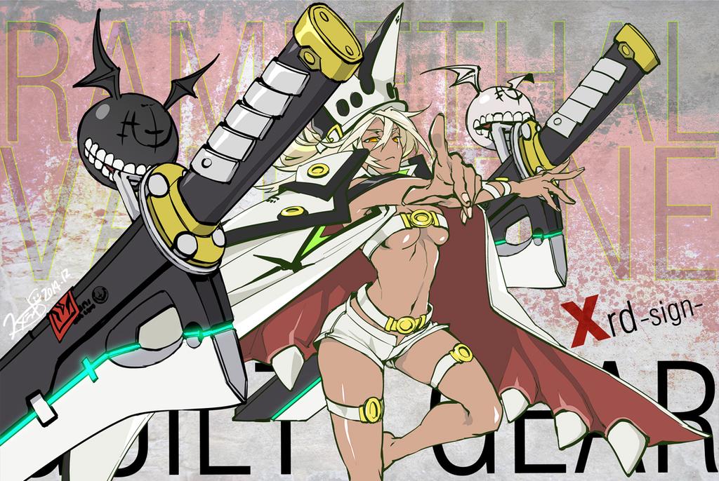 1girl arc_system_works barefoot belt beltbra blonde_hair breasts cape coat creature dark_skin dual_swords expressionless guilty_gear guilty_gear_xrd hat navel ramlethal_valentine short_shorts shorts sumeshi_(ambivalince) thigh_strap underboob white_hair yellow_eyes