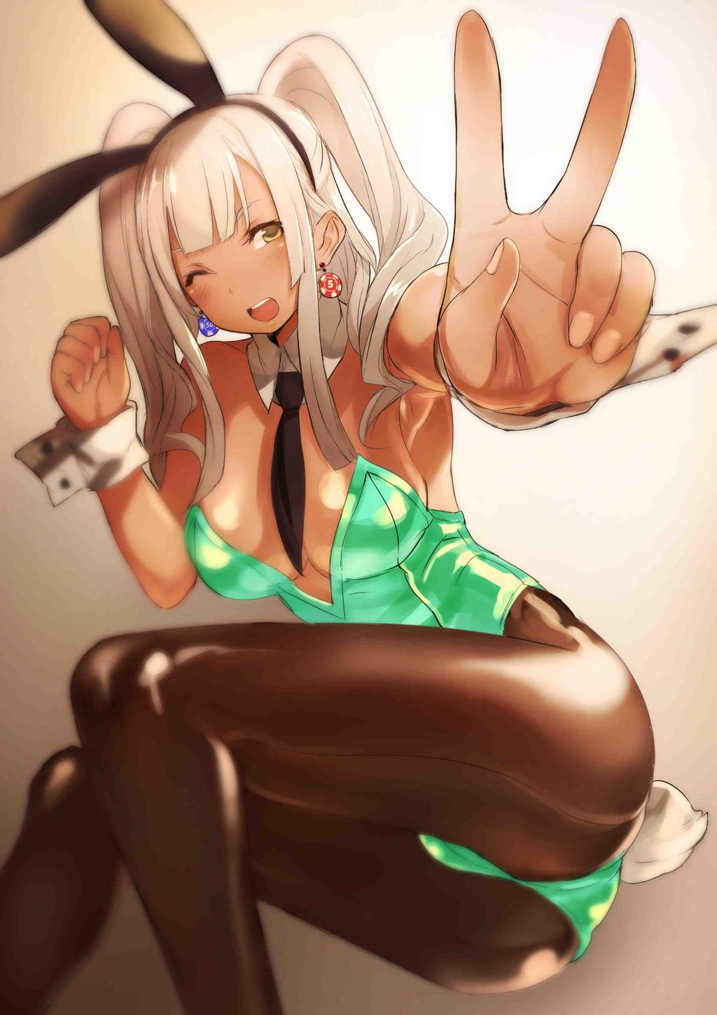 1girl ;d animal_ears black_necktie breasts brown_legwear bunny_ears bunny_tail bunnysuit dark_skin detached_sleeves earrings fake_animal_ears female grey_hair highres jewelry long_hair looking_at_viewer necktie one_eye_closed open_mouth original pantyhose poker_chips ricci smile solo tail twintails v wrist_cuffs