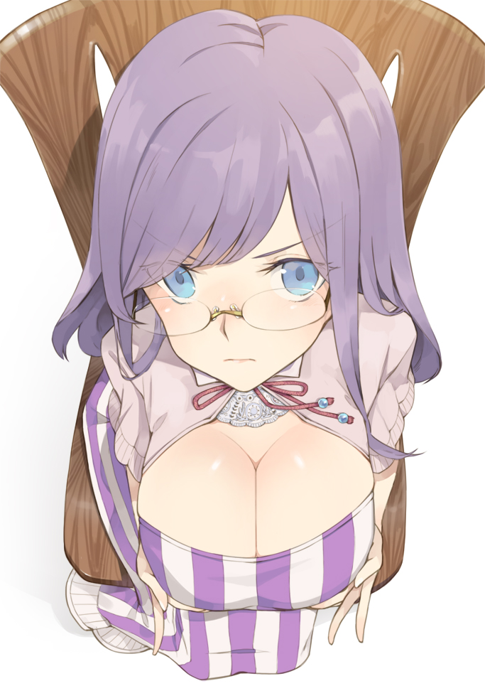 bespectacled blue_eyes blush breast_squeeze breasts chair cleavage cleavage_cutout dress foreshortening from_above glasses hayashi_kewi large_breasts long_hair looking_at_viewer patchouli_knowledge purple_hair revision rimless_eyewear simple_background sitting solo striped touhou vertical-striped_dress vertical_stripes white_background