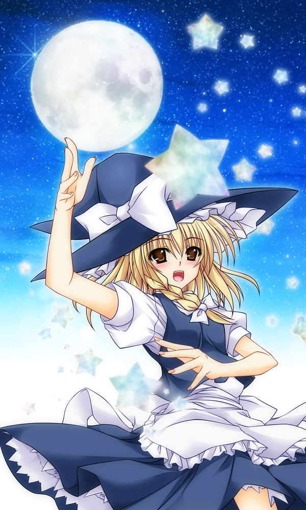 :d aoi_hiro blonde_hair bow braid brown_eyes full_moon hair_bow hair_ribbon hat kirisame_marisa long_hair moon open_mouth ribbon single_braid smile solo touhou witch_hat