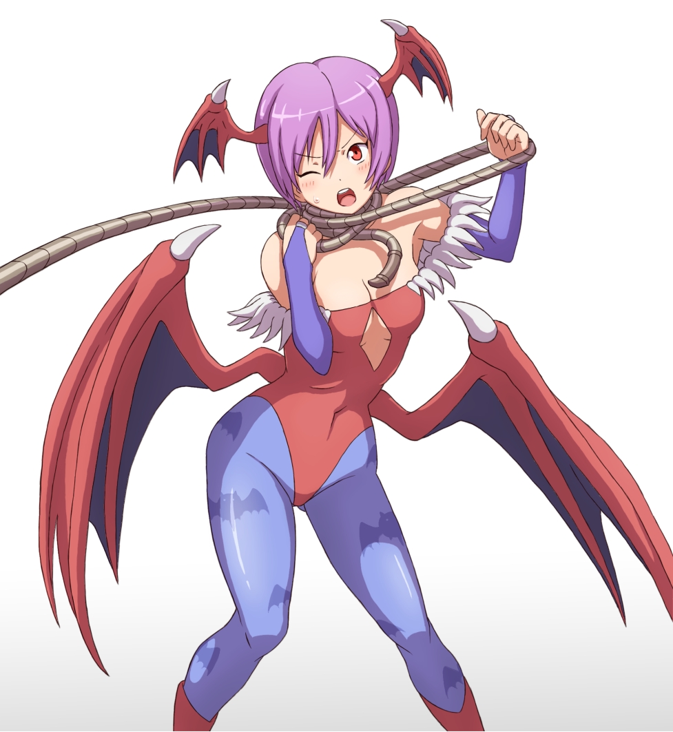 1girl bare_shoulders bat_wings blush female head_wings leotard lilith_aensland open_mouth pink_hair red_eyes rope short_hair simple_background solo vampire_(game) white_background wince wings wink you_(maumauyo)