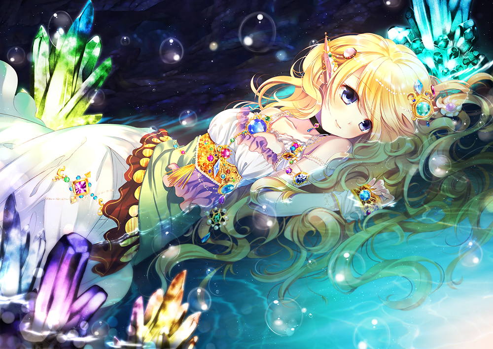 afloat ainili blonde_hair blue_eyes choker detached_sleeves diamond gem hair_ornament jewelry long_hair lying necklace original pointy_ears smile solo