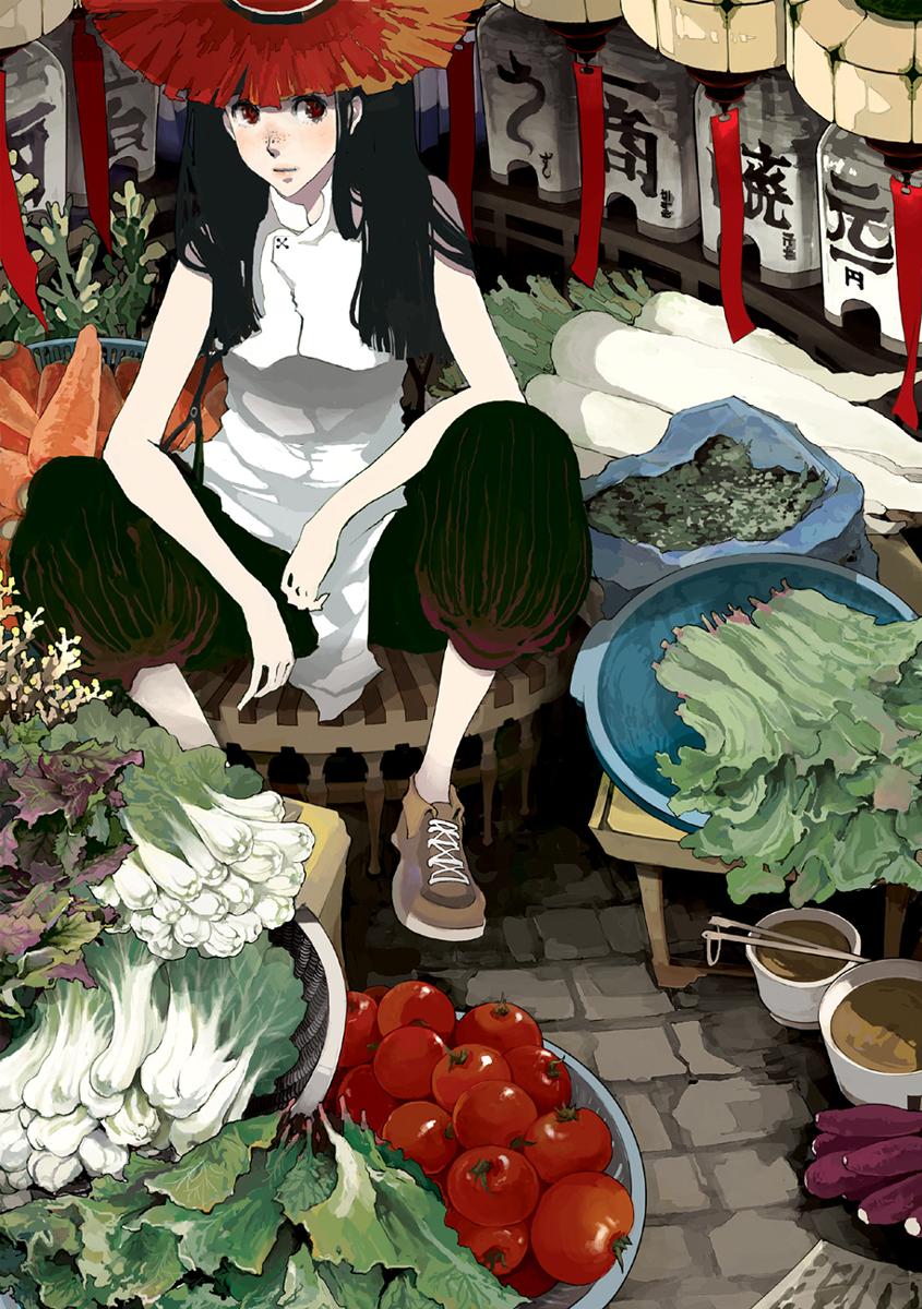 alcohol bare_arms bare_shoulders basket black_hair black_pants bowl breasts brown_eyes carrot chopsticks closed_mouth cross-laced_footwear daikon food freckles from_above hat highres isuzu_(uzushi) lantern light_smile looking_at_viewer market no_socks original pants paper_lantern shoes sitting sleeveless small_breasts sneakers solo stool straight_hair straw_hat sweet_potato tile_floor tiles tomato vegetable