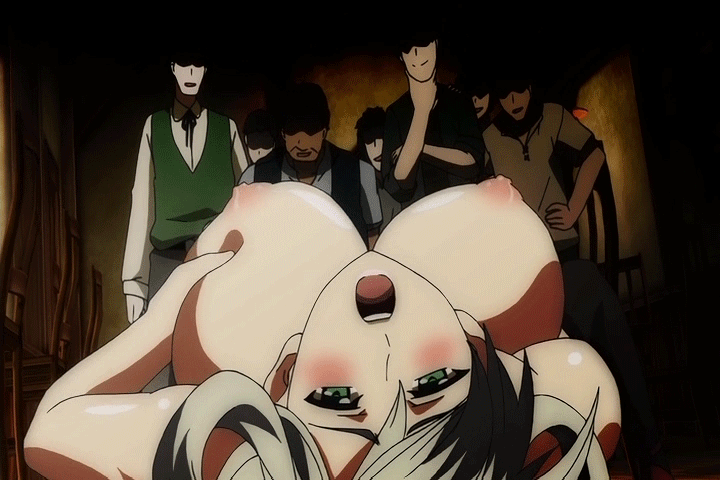 1girl 6+boys animated animated_gif blush breast_grab breast_hold breasts breasts_outside censored cleavage clothed_male_nude_female demonion exhibitionism female gray_hair green_eyes huge_breasts indoors looking_at_another looking_at_viewer lying masturbation moaning multiple_boys nipples nude on_back on_floor open_mouth self_fondle silver_hair vanessa_cromwell voyeurism