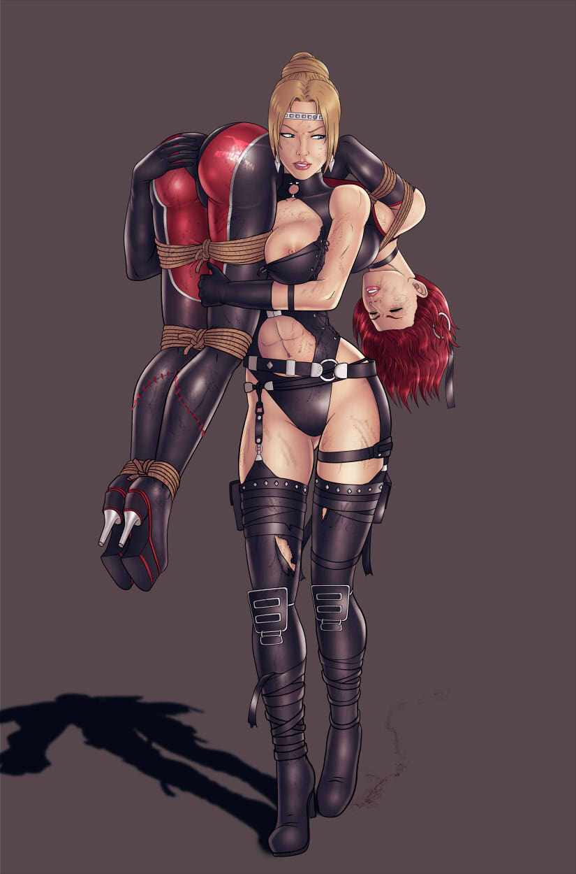 abs arms_behind_back ass ass_grab bdsm black_gloves bloodrayne bloodrayne_(videogame) bodysuit bondage boots bound bound_ankles bound_wrists breasts brown_hair bruise carrying carrying_over_shoulder circlet crossover dirty gloves grabbing_another's_ass groping highres injury large_breasts leotard long_hair mismatched_gloves multiple_girls navel ninja_gaiden nipple_slip nipples over_shoulder ponytail rachel_(ninja_gaiden) red_hair reptileye rope thigh_boots thighhighs toned torn_clothes watermark yuri