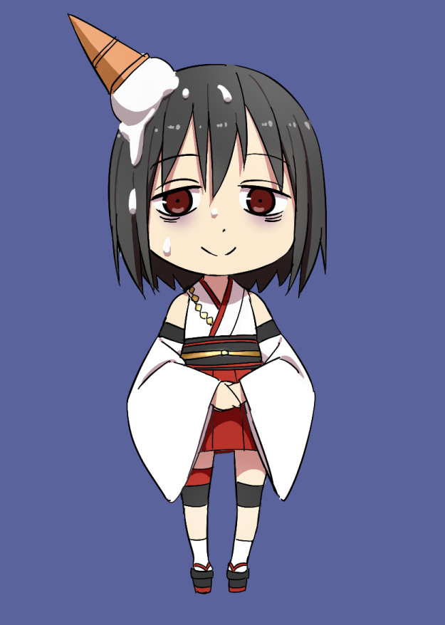 bags_under_eyes black_hair brown_eyes chibi detached_sleeves food ice_cream ice_cream_cone ice_cream_cone_on_head kantai_collection kinosuke_(sositeimanoga) looking_at_viewer nontraditional_miko pleated_skirt short_hair simple_background skirt smile solo sweat yamashiro_(kantai_collection)