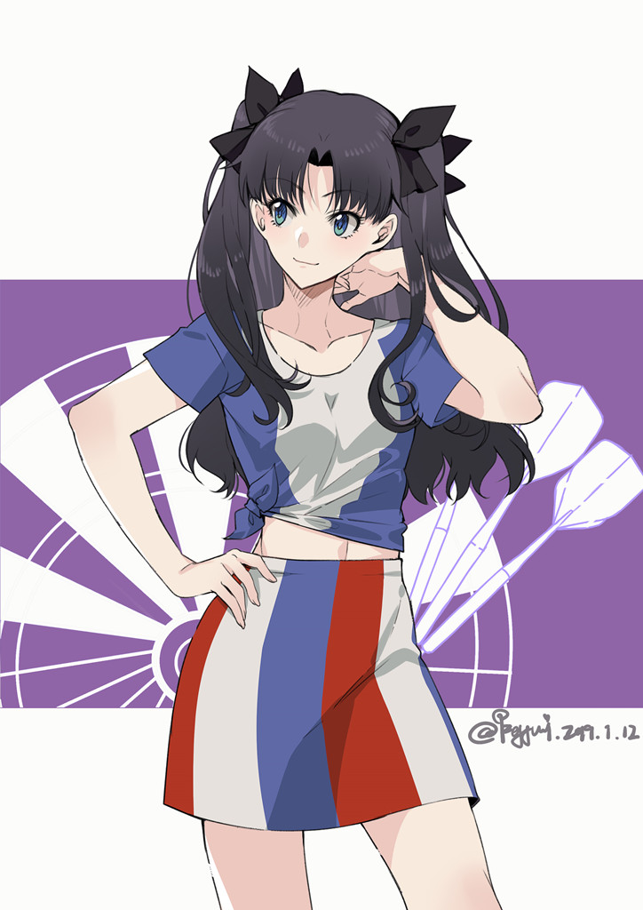 1girl 2019 black_bow black_hair blue_eyes bow collarbone cowboy_shot dated eyebrows_visible_through_hair fate/stay_night fate_(series) hair_bow hand_in_hair hand_on_hip long_hair midriff miniskirt navel pencil_skirt shiny shiny_hair shirt short_sleeves skirt solo standing stomach striped striped_skirt tied_shirt tohsaka_rin twintails twitter_username yaoshi_jun