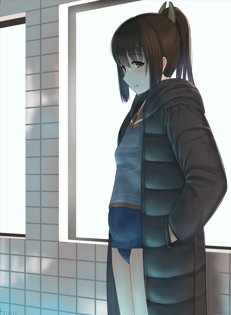 brown_eyes brown_hair coat cowboy_shot down_jacket hands_in_pockets i-401_(kantai_collection) kantai_collection ponytail pregnant sailor_collar school_uniform solo swimsuit swimsuit_under_clothes taji_(crowview) wet winter_clothes winter_coat