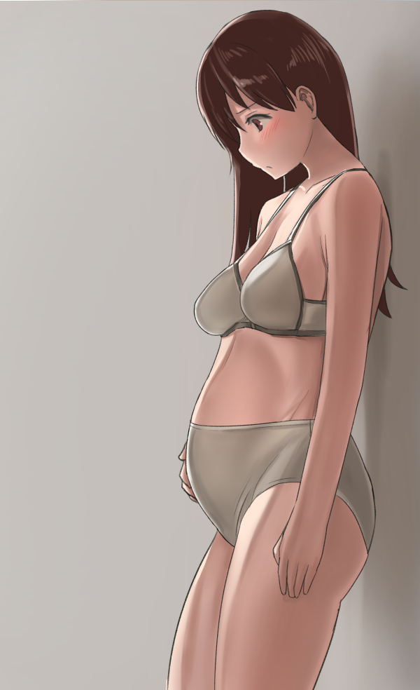 blush breasts brown_eyes brown_hair cowboy_shot from_side hand_on_own_stomach kantai_collection long_hair looking_down medium_breasts ooi_(kantai_collection) pregnant solo taji_(crowview) underwear underwear_only