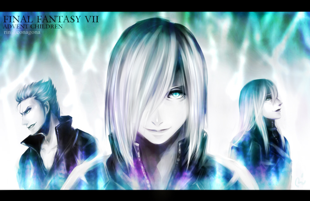 3boys blue_eyes brothers copyright_name final_fantasy final_fantasy_vii final_fantasy_vii_advent_children forest glowing glowing_eyes hair_over_one_eye kadaj konagona long_hair looking_at_viewer loz multiple_boys nature rinconagona short_hair siblings silver_hair trio yazoo