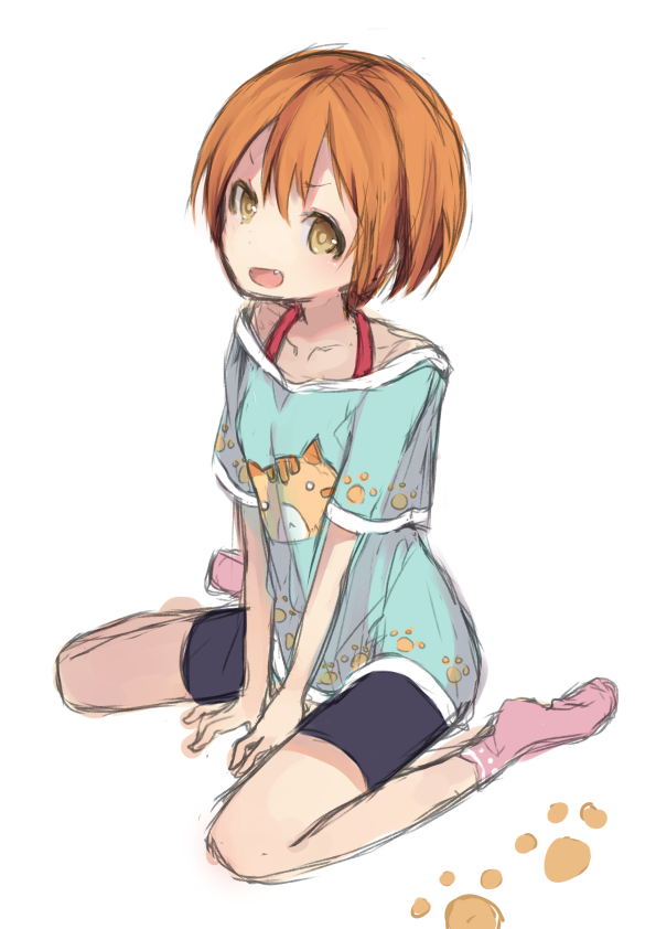 animal_print ao68 arm_support bad_id bad_pixiv_id bare_shoulders bike_shorts cat_print collarbone dot_nose fang hair_between_eyes hoshizora_rin looking_at_viewer love_live! love_live!_school_idol_project no_shoes open_mouth orange_hair paw_print short_hair short_sleeves simple_background sitting socks solo wariza white_background yellow_eyes