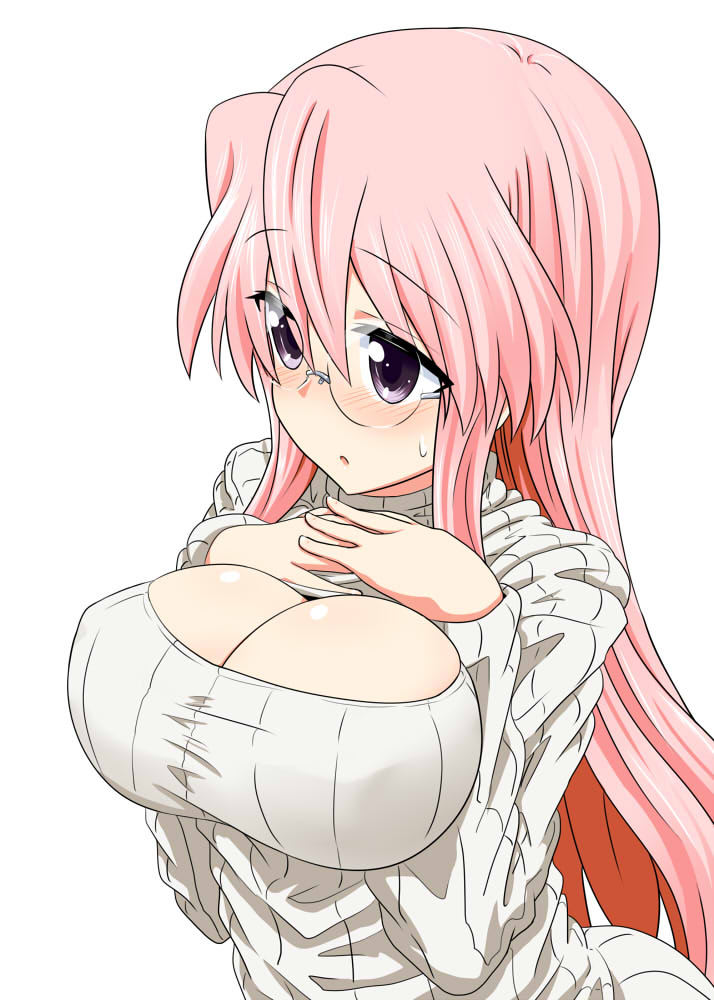blush breasts cleavage cleavage_cutout glasses large_breasts long_hair lucky_star meme_attire open-chest_sweater pink_hair purple_eyes ribbed_sweater simple_background solo sweater takara_miyuki take_(shokumu-taiman) turtleneck white_background