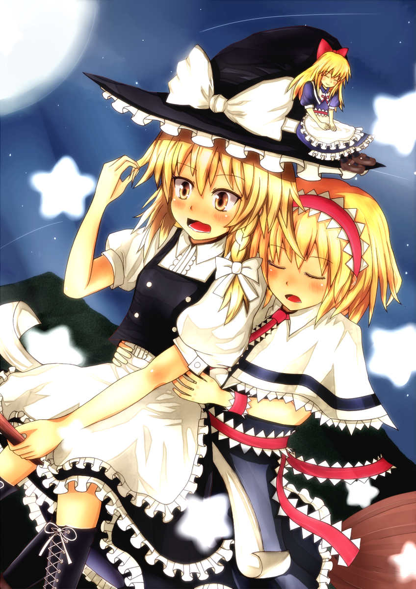 acoco alice_margatroid apron blonde_hair blush bow broom broom_riding capelet closed_eyes cross-laced_footwear hair_bow hairband hat highres hug hug_from_behind kirisame_marisa long_hair multiple_girls multiple_riders open_mouth sash shanghai_doll short_hair short_sleeves smile touhou waist_apron witch_hat wrist_cuffs yellow_eyes yuri