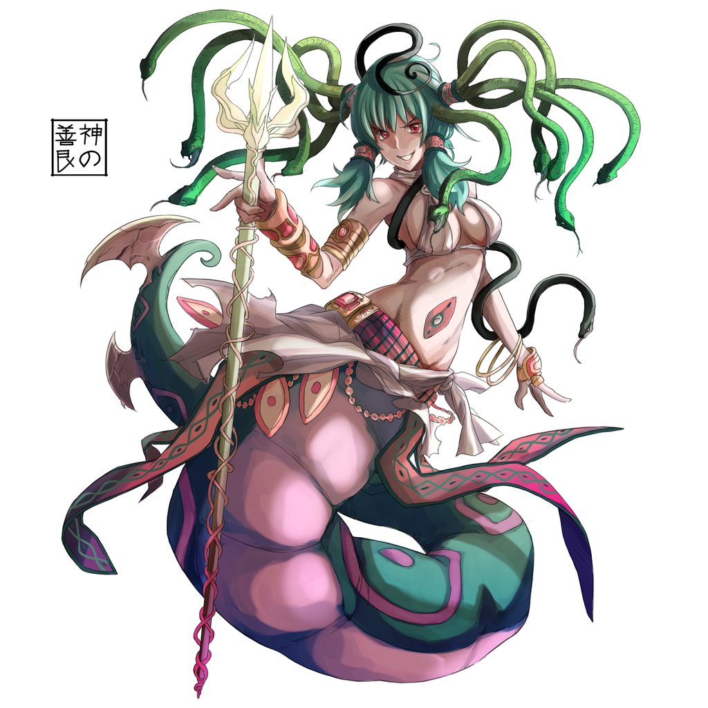 armlet bangle bracelet breasts eudetenis full_body gorgon green_hair grin jewelry lamia long_hair medium_breasts monster_girl navel polearm project_ap red_eyes scales simple_background smile snake_hair solo trident twintails weapon white_background
