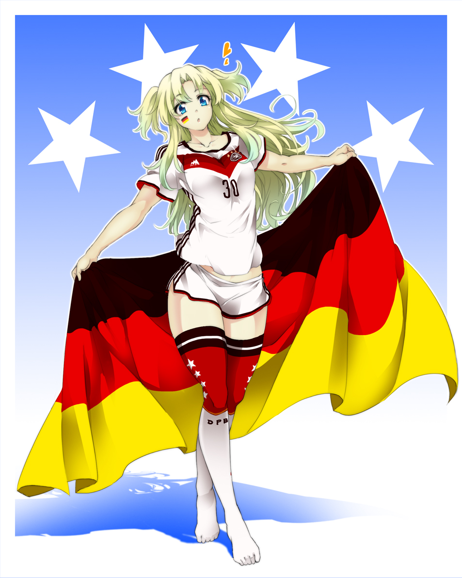 2014_fifa_world_cup blonde_hair blue_eyes breasts character_request collarbone facepaint flag full_body german_flag germany gradient gradient_background heart hips holding izuna_nie kneehighs long_hair medium_breasts midriff no_shoes number original outstretched_arms parted_lips short_shorts short_sleeves shorts silhouette soccer soccer_uniform solo sportswear standing star thighs two_side_up world_cup
