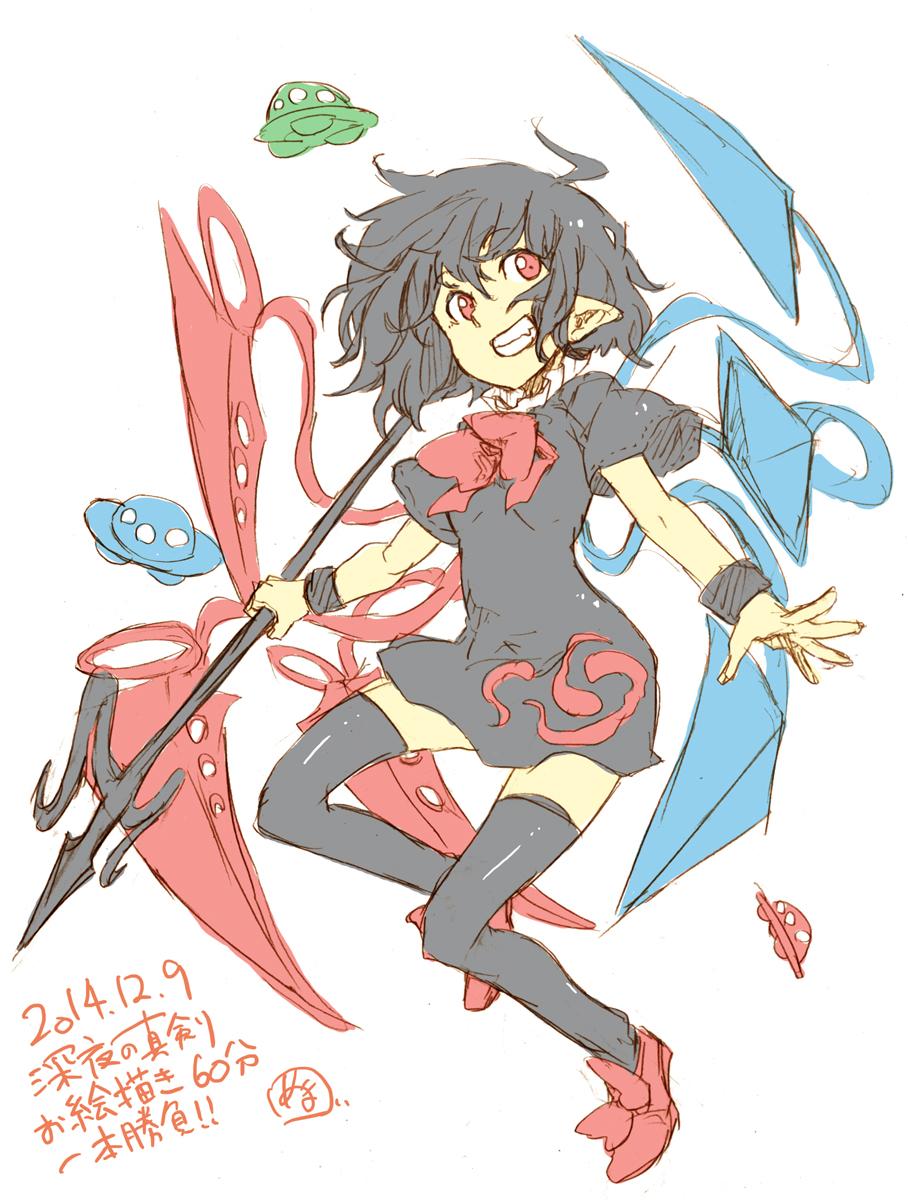 asymmetrical_wings black_dress black_hair black_legwear bow colorized dated dress full_body highres houjuu_nue numa_(minus_4k) pointy_ears polearm red_eyes shoes short_hair short_sleeves simple_background sketch smile solo text_focus thighhighs touhou trident ufo weapon white_background wings wrist_cuffs zettai_ryouiki