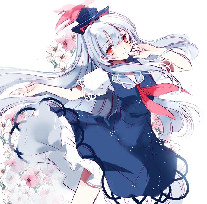 bad_id bad_twitter_id blue_dress blue_hair bow cierra_(ra-bit) dress floral_background flower frills hat kamishirasawa_keine long_hair puffy_sleeves red_eyes short_sleeves simple_background smile solo touhou white_background